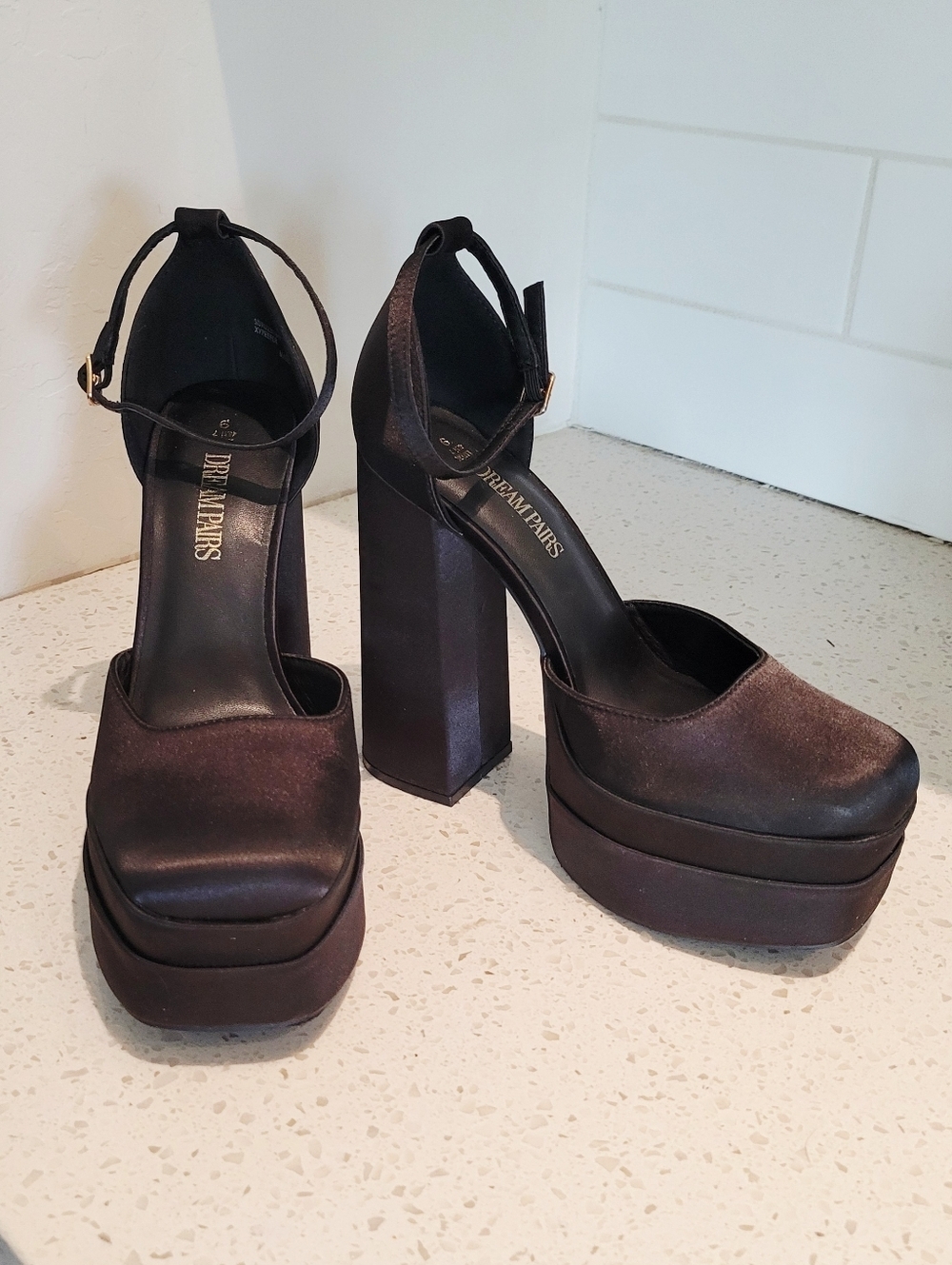 Dream Pairs Black Satin Platform Block Heels with Ankle Strap | Size 9